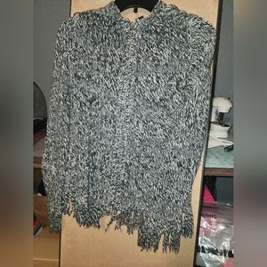 De Rotchild Long Sleeve Knit Hooded Cardigan Sweater Fringe Hem Full Zip Wool Bl